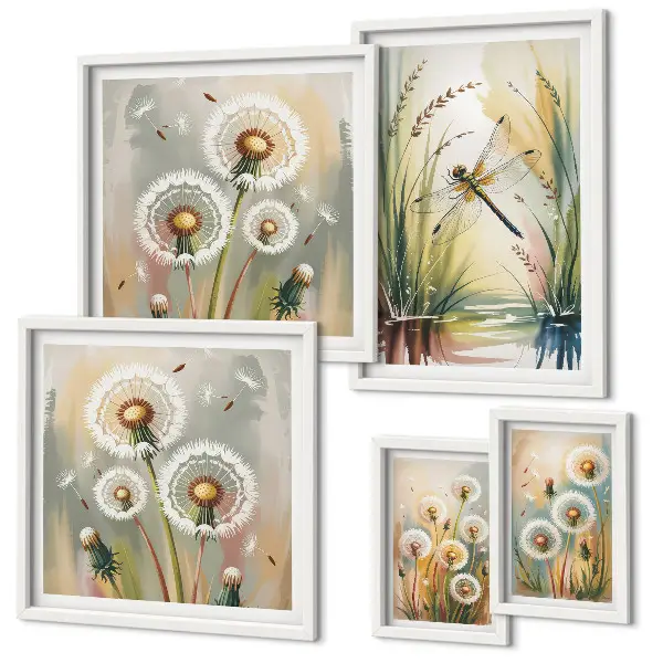 Galeria de quadros para parede com estampas de libélulas em estilo floral natural