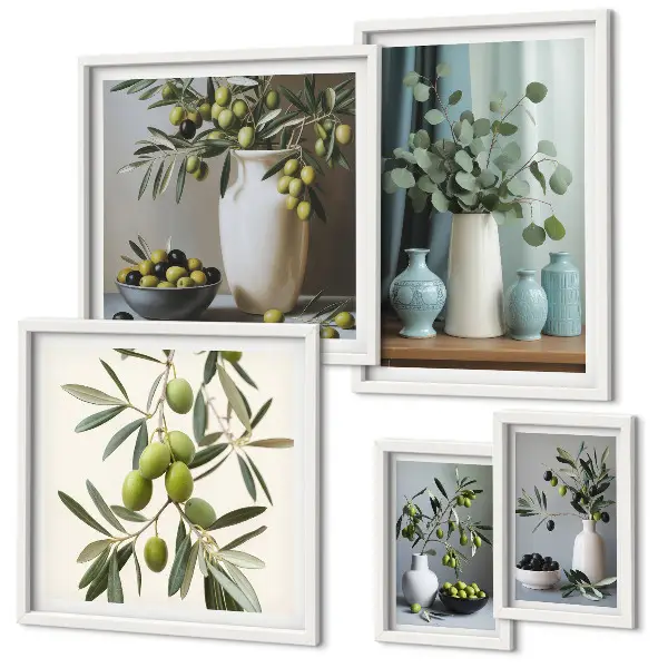 Conjunto de 5 quadros com moldura com estampa de azeitonas verdes em vaso decorativo