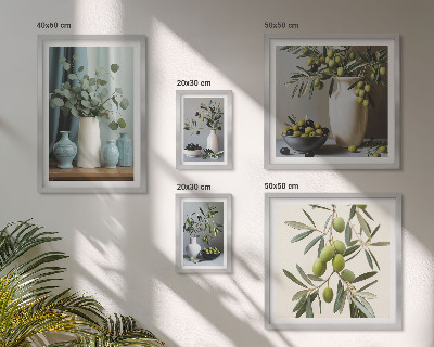 Conjunto de 5 quadros com moldura Azeitonas verdes em um vaso decorativo.