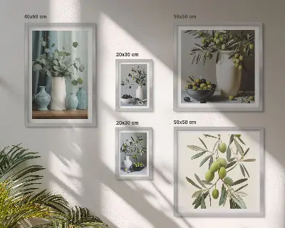 Conjunto de 5 quadros com moldura com estampa de azeitonas verdes em vaso decorativo