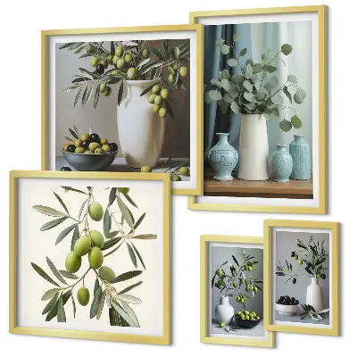 Conjunto de 5 quadros com moldura com estampa de azeitonas verdes em vaso decorativo