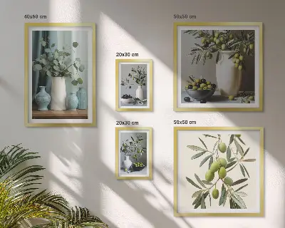 Conjunto de 5 quadros com moldura com estampa de azeitonas verdes em vaso decorativo