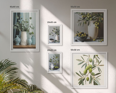 Conjunto de 5 quadros com moldura Azeitonas verdes em um vaso decorativo.