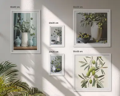Conjunto de 5 quadros com moldura com estampa de azeitonas verdes em vaso decorativo