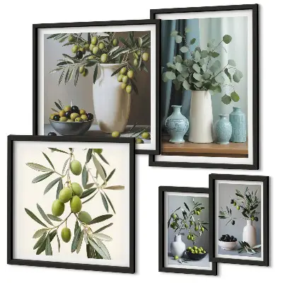 Conjunto de 5 quadros com moldura com estampa de azeitonas verdes em vaso decorativo