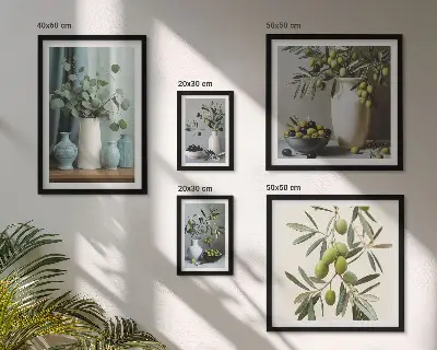 Conjunto de 5 quadros com moldura com estampa de azeitonas verdes em vaso decorativo