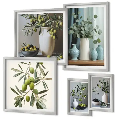 Conjunto de 5 quadros com moldura com estampa de azeitonas verdes em vaso decorativo