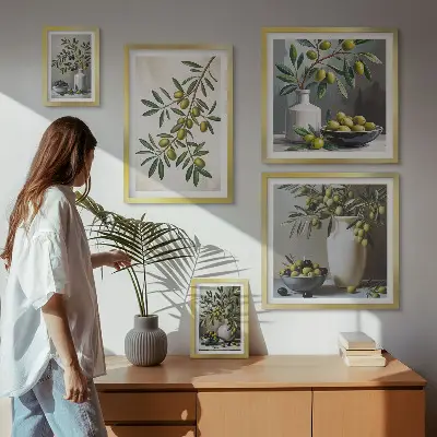 Galeria de parede com detalhes em verde-oliva em um interior rústico