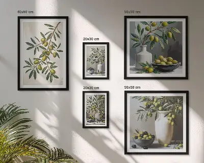 Galeria de parede com detalhes em verde-oliva em um interior rústico