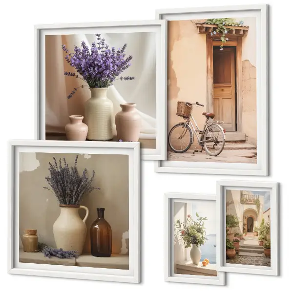 Conjunto de 5 quadros decorativos interiores elegantes com bicicleta e flores