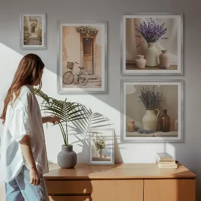 Conjunto de 5 quadros decorativos interiores elegantes com bicicleta e flores