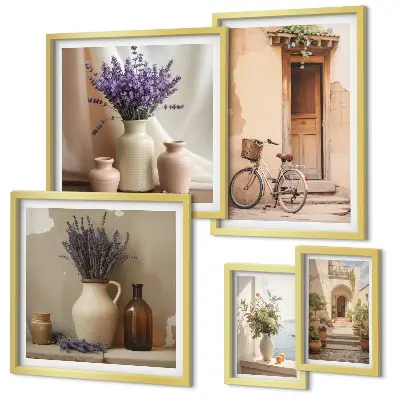 Conjunto de 5 quadros decorativos interiores elegantes com bicicleta e flores