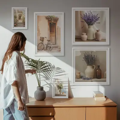 Conjunto de 5 quadros decorativos interiores elegantes com bicicleta e flores