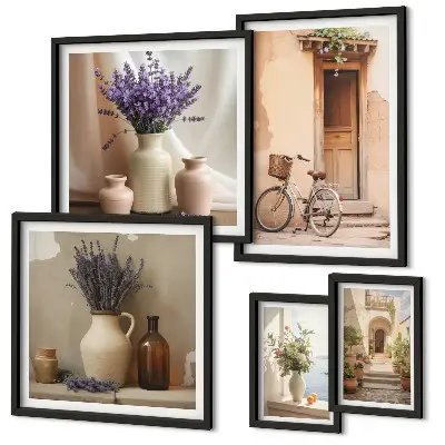 Conjunto de 5 quadros decorativos interiores elegantes com bicicleta e flores