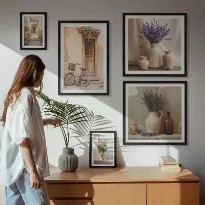 Conjunto de 5 quadros decorativos interiores elegantes com bicicleta e flores