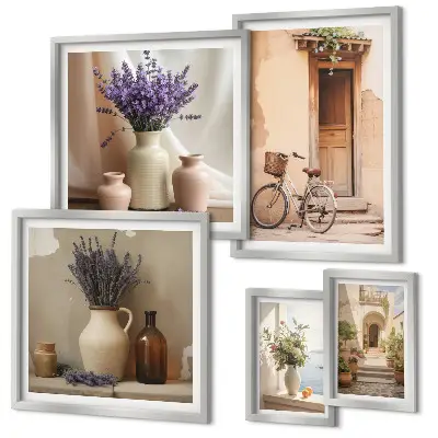 Conjunto de 5 quadros decorativos interiores elegantes com bicicleta e flores
