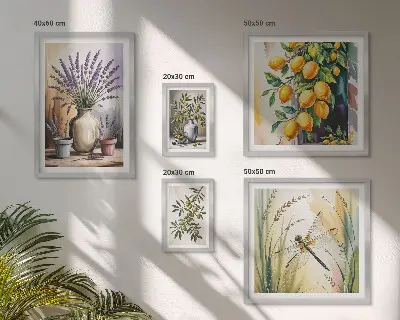 Galeria de parede com estampas rústicas de azeitonas e limões