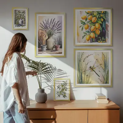 Galeria de parede com estampas rústicas de azeitonas e limões