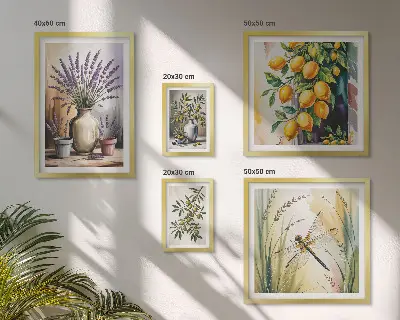 Galeria de parede com estampas rústicas de azeitonas e limões