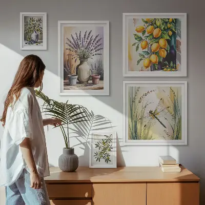 Galeria de parede com estampas rústicas de azeitonas e limões