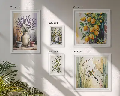 Galeria de parede com estampas rústicas de azeitonas e limões