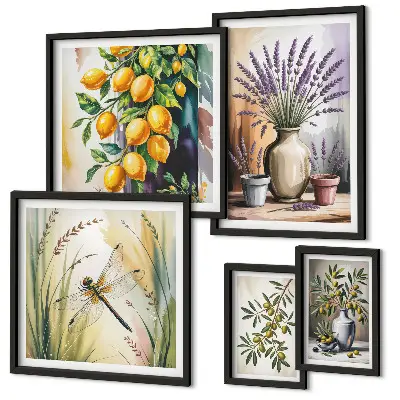 Galeria de parede com estampas rústicas de azeitonas e limões