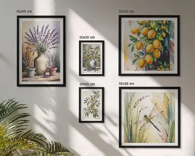 Galeria de parede com estampas rústicas de azeitonas e limões