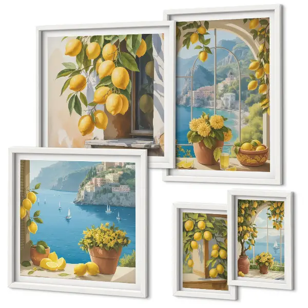 Conjunto de 5 quadros com moldura estampa Toques de limão e mar da Provença