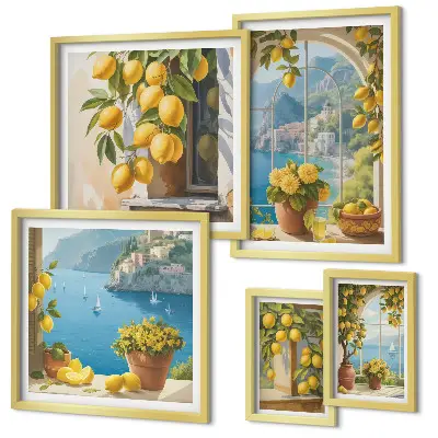 Conjunto de 5 quadros com moldura estampa Toques de limão e mar da Provença