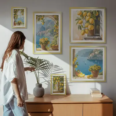 Conjunto de 5 quadros com moldura estampa Toques de limão e mar da Provença