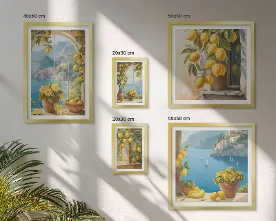 Conjunto de 5 quadros com moldura estampa Toques de limão e mar da Provença