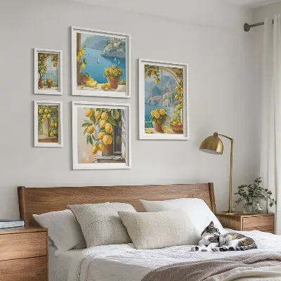 Conjunto de 5 quadros com moldura estampa Toques de limão e mar da Provença
