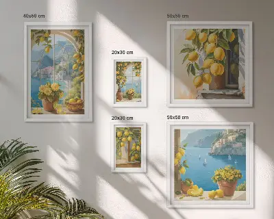 Conjunto de 5 quadros com moldura estampa Toques de limão e mar da Provença