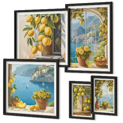 Conjunto de 5 quadros com moldura estampa Toques de limão e mar da Provença