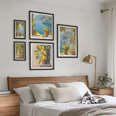 Conjunto de 5 quadros com moldura estampa Toques de limão e mar da Provença