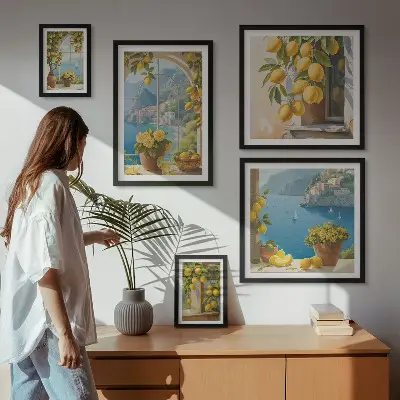 Conjunto de 5 quadros com moldura estampa Toques de limão e mar da Provença