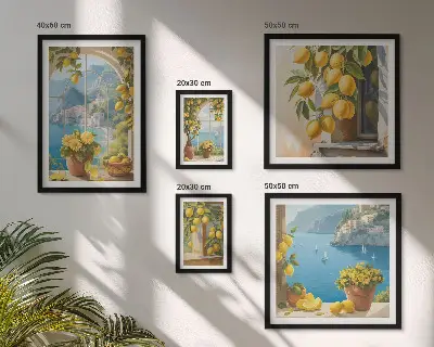 Conjunto de 5 quadros com moldura estampa Toques de limão e mar da Provença