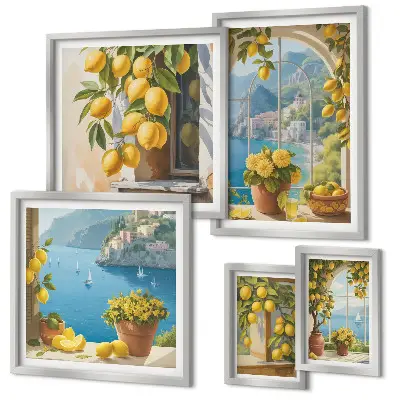 Conjunto de 5 quadros com moldura estampa Toques de limão e mar da Provença
