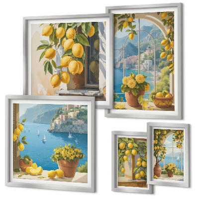 Conjunto de 5 quadros com moldura Toques de limão, mar da Provença
