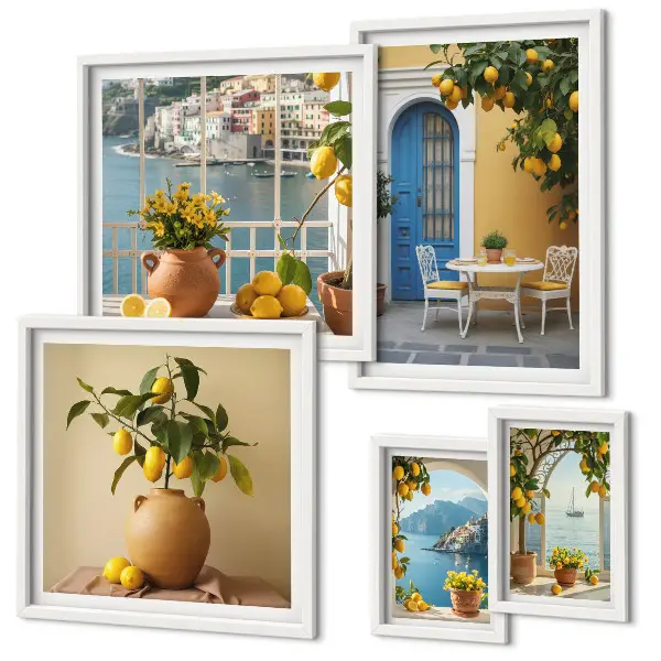 Conjunto de 5 quadros decorativos com estampas de inspirações de sol de limão
