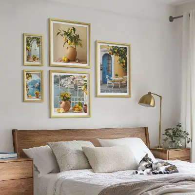 Conjunto de 5 quadros decorativos com estampas de inspirações de sol de limão