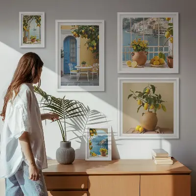 Conjunto de 5 quadros decorativos com estampas de inspirações de sol de limão