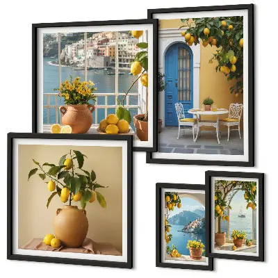 Conjunto de 5 quadros decorativos com estampas de inspirações de sol de limão