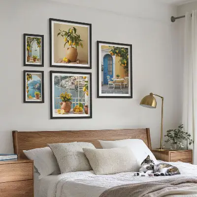 Conjunto de 5 quadros decorativos com estampas de inspirações de sol de limão
