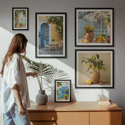 Conjunto de 5 quadros decorativos com estampas de inspirações de sol de limão