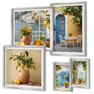 Conjunto de 5 quadros decorativos com estampas de inspirações de sol de limão
