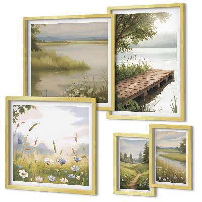 Galeria de parede Paisagens tranquilas com uma ponte sobre um prado.