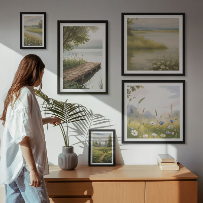 Galeria de parede Paisagens tranquilas com uma ponte sobre um prado.