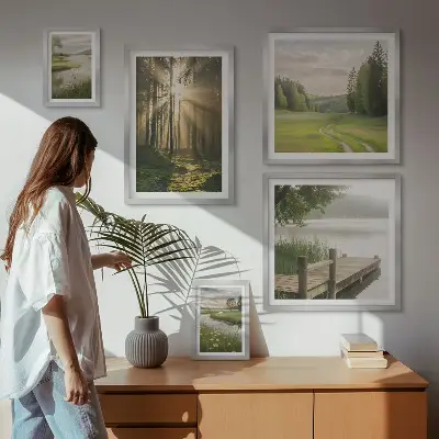 Galeria de quadros para parede com paisagens de florestas sol e água