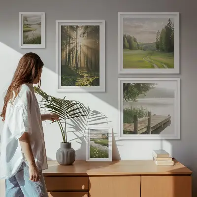 Galeria de quadros para parede com paisagens de florestas sol e água